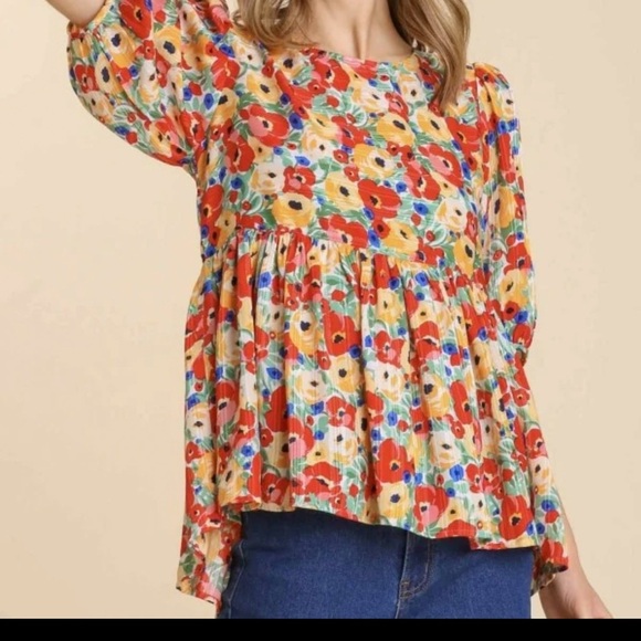 Umgee Red and Orange Blouse Vibrant Top - Picture 1 of 6